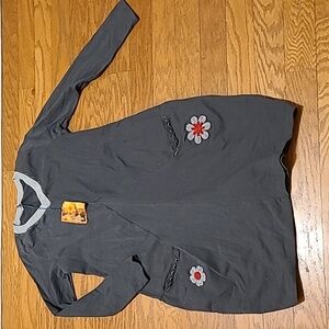 Greek Simple Gray Teeshirt Fabric Dress Flower Patches On Pockets